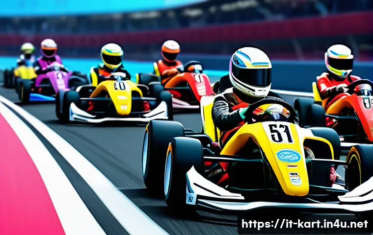 카트라이더 이벤트 공략 가이드 - A vibrant and dynamic kart racing scene featuring a diverse group of friends in colorful racing suit...