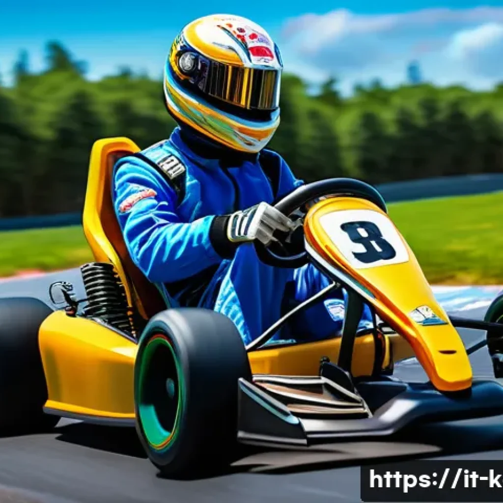 카트라이더 초보 유저의 드리프트 기술 - A dynamic and colorful KartRider racing scene featuring a young adult driver in sporty racing gear w...