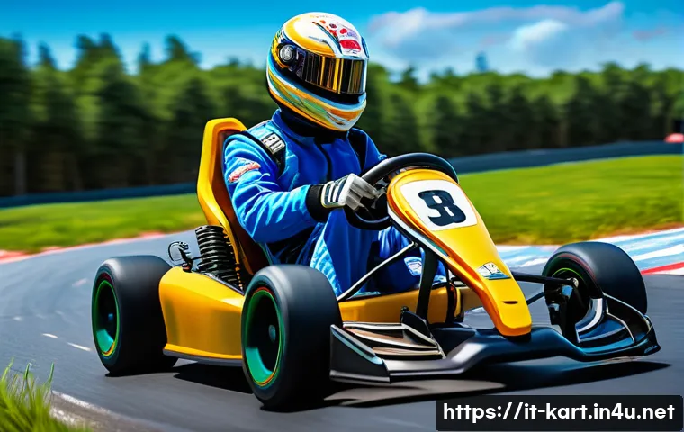 카트라이더 초보 유저의 드리프트 기술 - A dynamic and colorful KartRider racing scene featuring a young adult driver in sporty racing gear w...