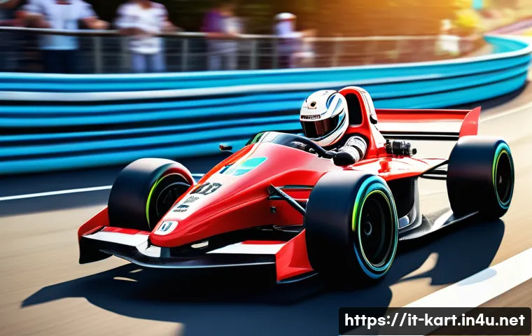 카트라이더 공략 블로그 추천 - A dynamic kart racing scene on a vibrant, detailed track with sharp curves, showcasing a skilled dri...