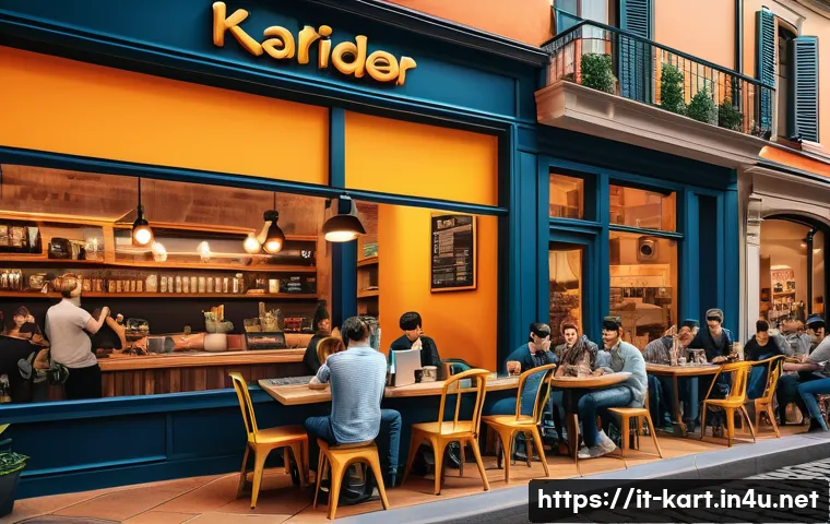 카트라이더 소셜 미디어 활용 - A vibrant digital gaming community scene set in a modern Italian café with young adults engaging ent...