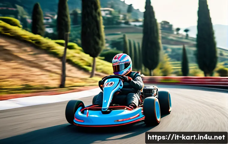 카트라이더 아이템전 활용법 - A dynamic racing scene on a winding Italian countryside track during a sunny afternoon, showing a sl...