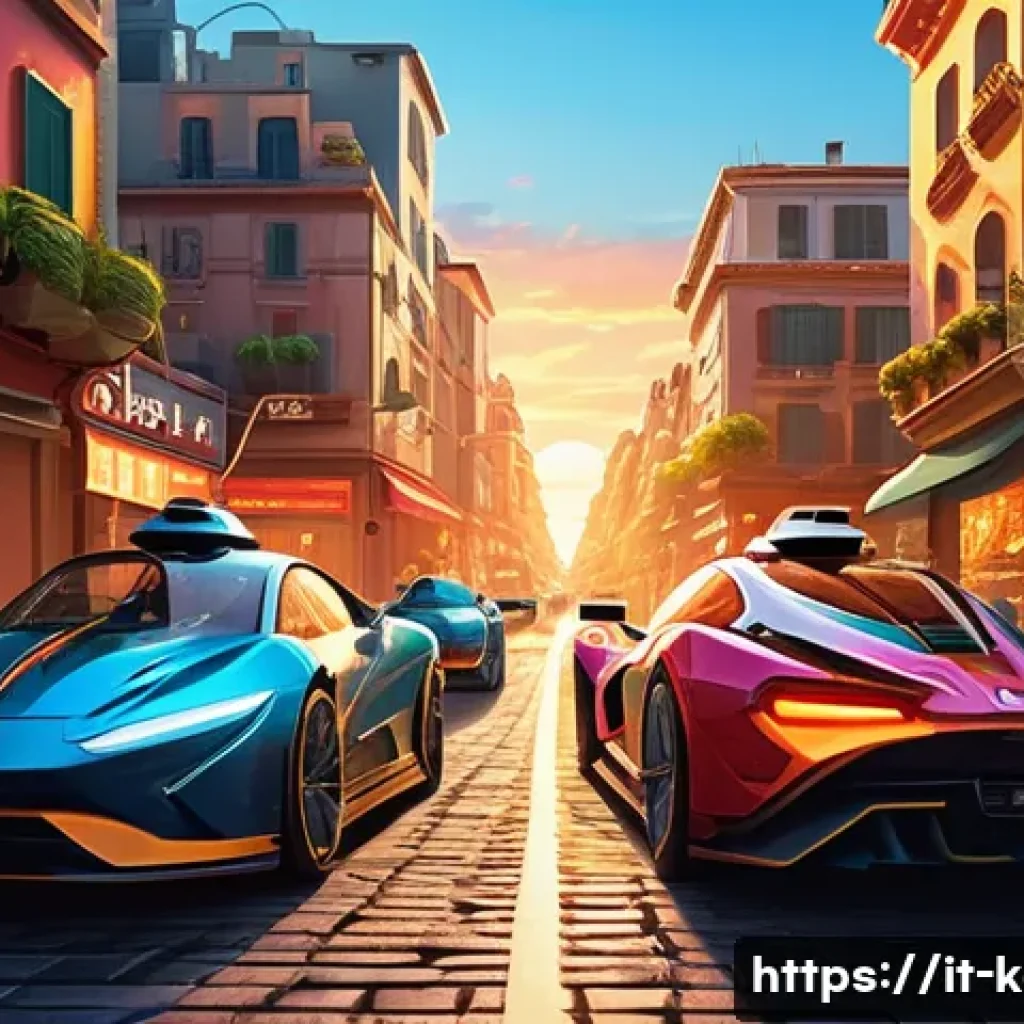 카트라이더 팬아트 대회의 글로벌 성장 사례 - A vibrant digital illustration of KartRider characters racing through a futuristic cityscape at suns...