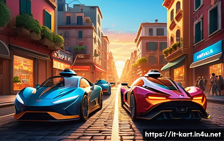 카트라이더 팬아트 대회의 글로벌 성장 사례 - A vibrant digital illustration of KartRider characters racing through a futuristic cityscape at suns...