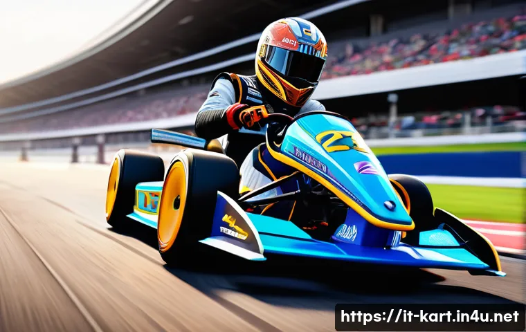카트라이더 프로 선수 이력 - A detailed digital illustration of a professional KartRider player in an intense race environment, s...