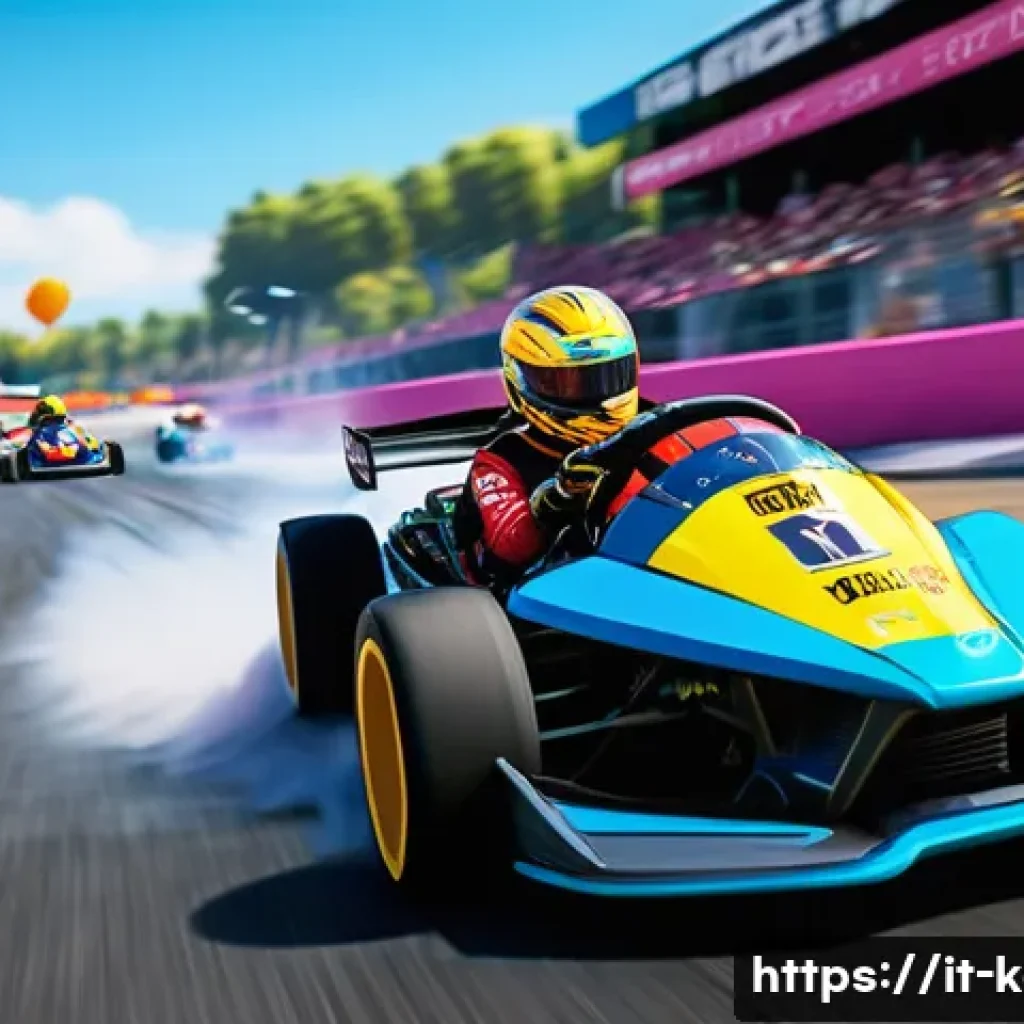 카트라이더 스피드전 영상 클립 - A dynamic racing scene from KartRider Speed featuring two colorful karts drifting sharply around a t...