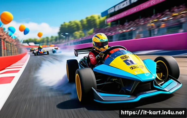 카트라이더 스피드전 영상 클립 - A dynamic racing scene from KartRider Speed featuring two colorful karts drifting sharply around a t...