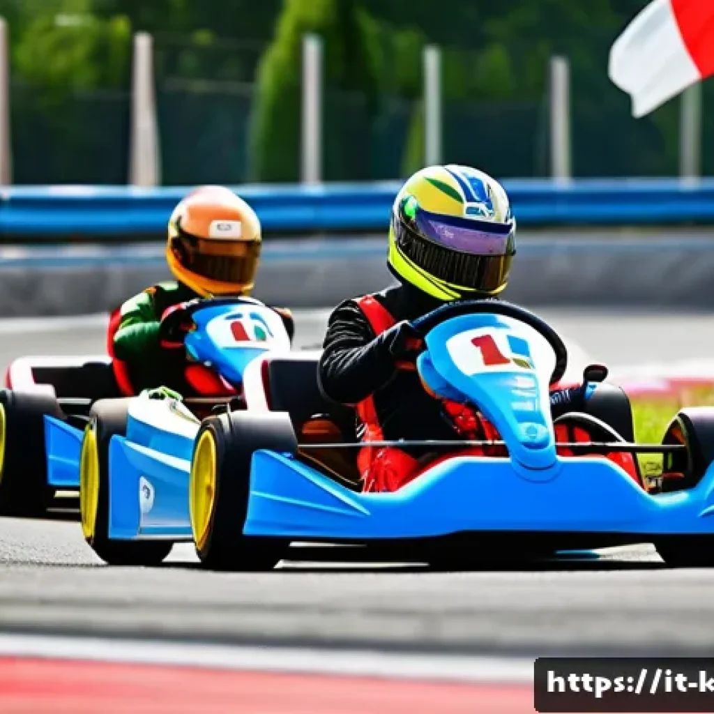 카트라이더 초보 유저와 팀플레이의 재미 - A dynamic kart racing scene on a vibrant Italian-themed track featuring tight curves and colorful bu...