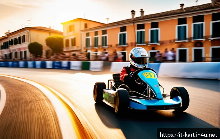 카트라이더 초보 유저를 위한 레벨업 플랜 - A dynamic kart racing scene on a vibrant, winding track set in a colorful Italian coastal town durin...
