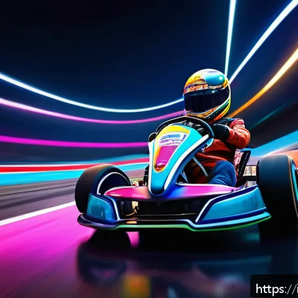 카트라이더 글로벌 대회 준비 가이드 - A dynamic kart racing scene on a futuristic neon-lit track inspired by Rainbow Road, featuring sharp...