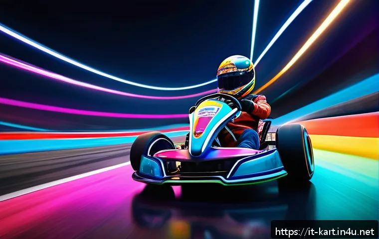 카트라이더 글로벌 대회 준비 가이드 - A dynamic kart racing scene on a futuristic neon-lit track inspired by Rainbow Road, featuring sharp...