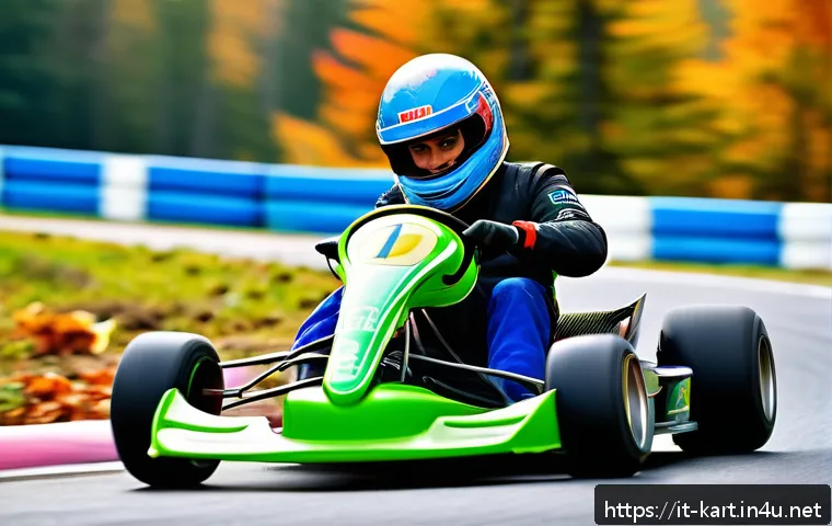 카트라이더 아이템전 성공 사례 - A dynamic kart racing scene set on a winding, narrow track with sharp curves, showcasing a skilled d...