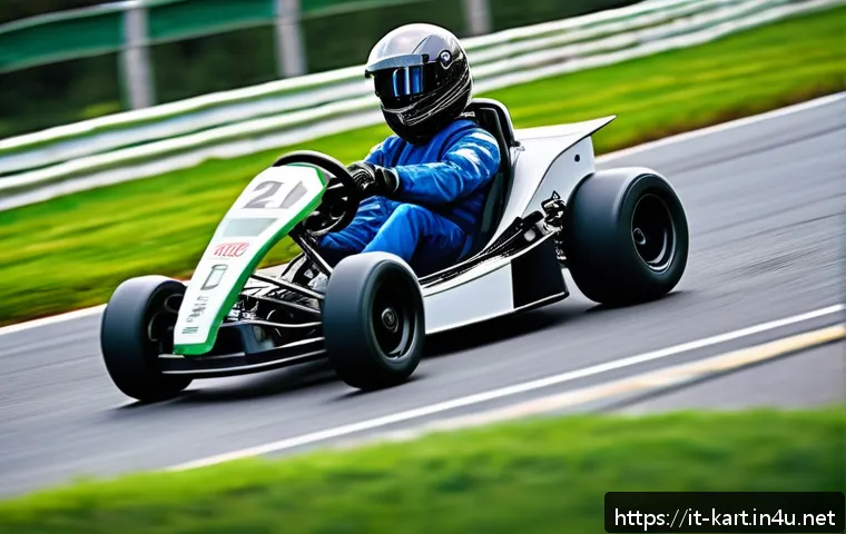 카트라이더 초보 유저의 트랙 공략과 드리프트 전략 - A dynamic go-kart racing scene on a technical track with a sharp hairpin turn, showcasing a balanced...