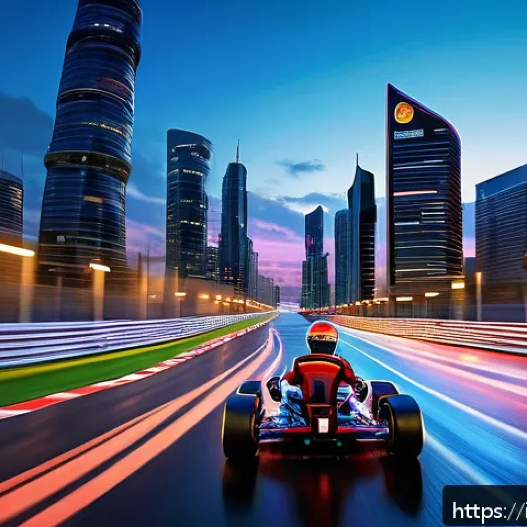 카트라이더 신규 업데이트와 글로벌 유저 피드백 - A futuristic urban racing track at dusk, featuring neon-lit skyscrapers and sleek, high-tech kart ve...