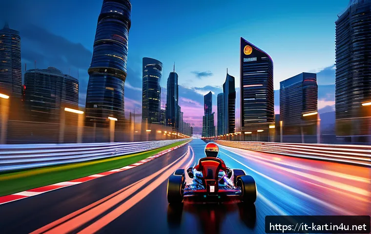 카트라이더 신규 업데이트와 글로벌 유저 피드백 - A futuristic urban racing track at dusk, featuring neon-lit skyscrapers and sleek, high-tech kart ve...