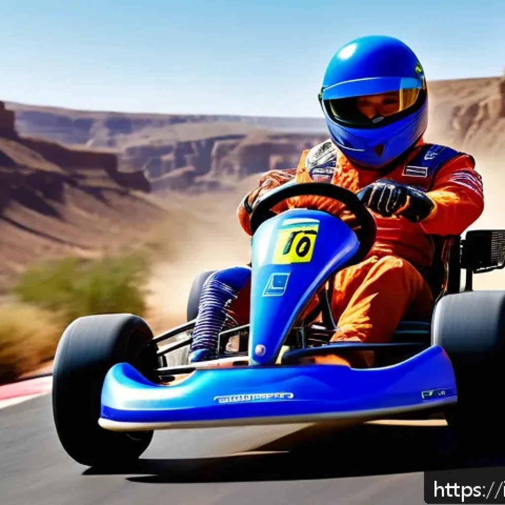 카트라이더 경기장별 전략 - A dynamic kart racing scene set in a vast desert canyon environment, featuring wide sweeping curves ...