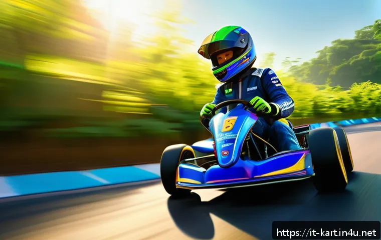 카트라이더 팬아트 대회 수상작 - A hyperrealistic digital painting of a KartRider character racing through a vibrant, sunlit track su...