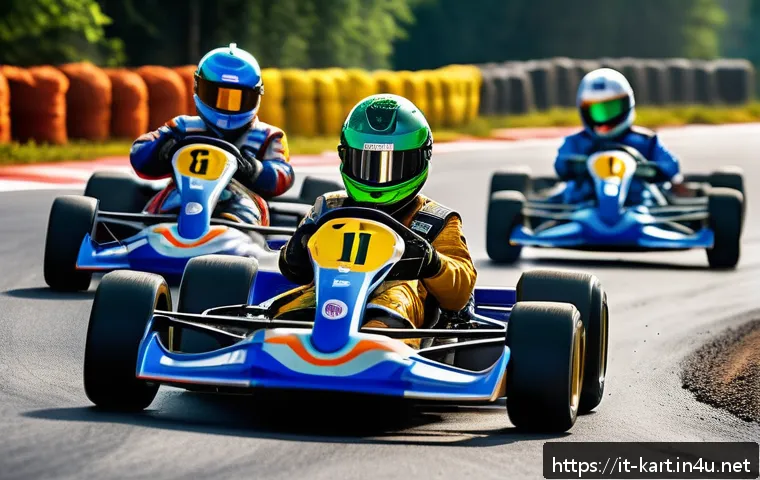카트라이더 아이템 활용 전략 - A dynamic racing scene on a winding kart track featuring multiple racers in colorful racing suits an...