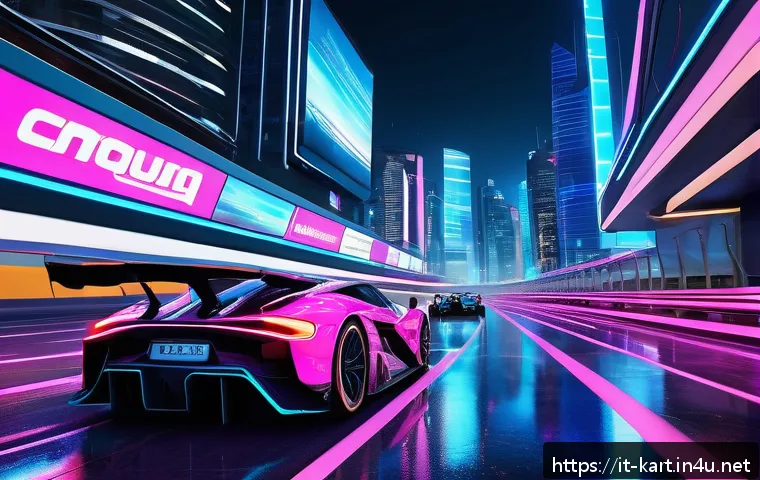 카트라이더 신규 업데이트 실험 - A vibrant futuristic metropolis racing circuit at night, illuminated by glowing neon lights in shade...