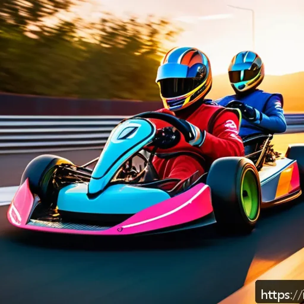 카트라이더 신규 업데이트 리뷰 - A dynamic, vibrant kart racing scene on a futuristic urban track at sunset, featuring sleek karts wi...