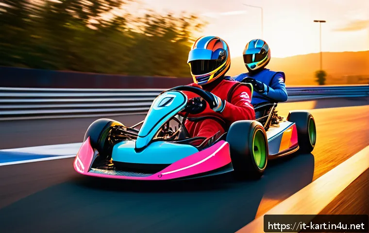 카트라이더 신규 업데이트 리뷰 - A dynamic, vibrant kart racing scene on a futuristic urban track at sunset, featuring sleek karts wi...
