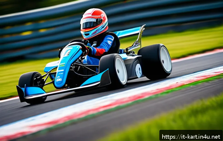 카트라이더 신규 트랙 정복법 - A dynamic kart racing scene on a modern Italian race track, showcasing a skilled driver in a sleek k...