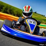 카트라이더 초보자용 드리프트 팁 - A dynamic scene of a colorful KartRider kart drifting sharply around a tight corner on a vibrant rac...