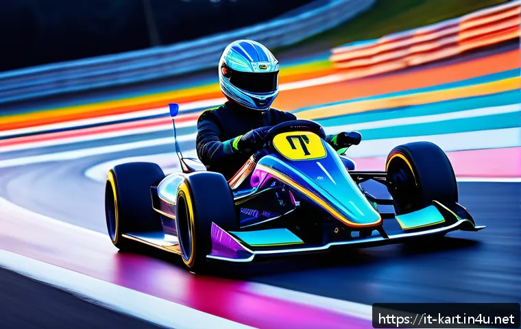 카트라이더 초보 유저의 트랙 활용 비법 - A dynamic racing scene on a vibrant, futuristic kart racing track resembling "Rainbow Road," featuri...