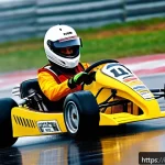 카트라이더 신규 업데이트와 드리프트 기술 - A dynamic kart racing scene on a wet and slippery Italian racetrack, showcasing a driver expertly co...