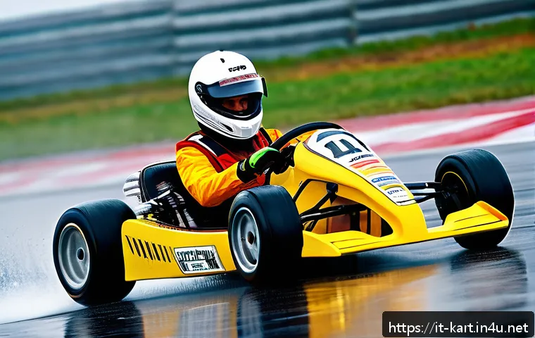 카트라이더 신규 업데이트와 드리프트 기술 - A dynamic kart racing scene on a wet and slippery Italian racetrack, showcasing a driver expertly co...