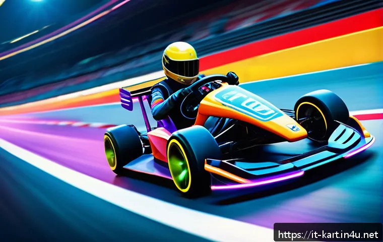 카트라이더 퀘스트 시스템 최적화 - A vibrant scene of a futuristic kart racing game set in a colorful, dynamic race track environment. ...
