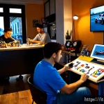 카트라이더 팬아트 대회의 성공 전략과 유저 참여 - Photorealistic evening scene in a stylish Milan apartment studio, a diverse group of young Italian r...
