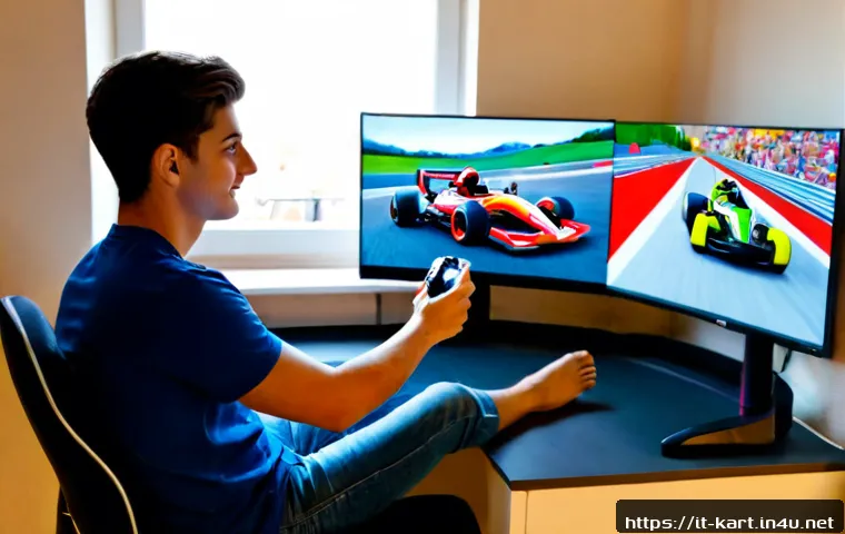 카트라이더 신규 유저를 위한 게임 스타트 가이드 - Photorealistic young Italian adult beginner sitting at a clean home gaming desk, holding a controlle...