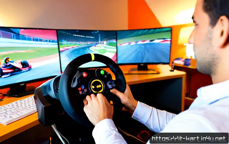 카트라이더 스피드전 연습 방법 - Photorealistic home racing simulator practice scene for an Italian gamer, focused adult wearing casu...