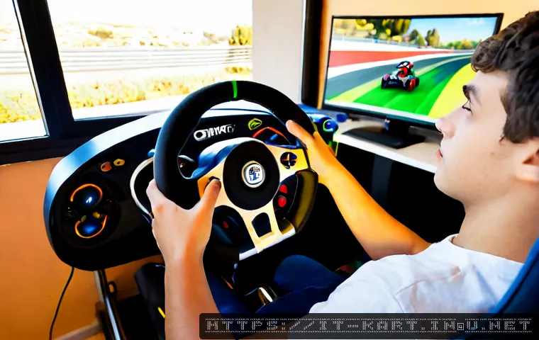 카트라이더 초보 유저의 게임 스타트 전략 - Photorealistic Italian teenage gamer starting a colorful kart racing game at a tidy home desk, hands...